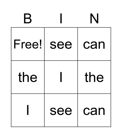 Sight Words Bingo Card