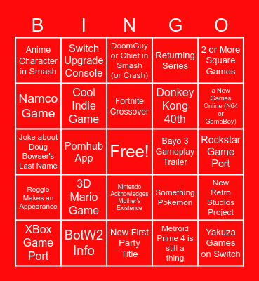 Nintendo E3 Bingo Card