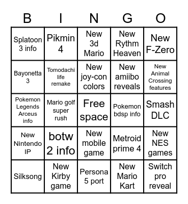 Nintendo E3 Bingo Card