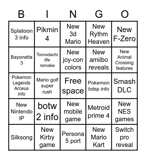 Nintendo E3 Bingo Card