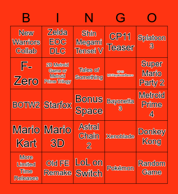 Nintendo E3 2021 Bingo Card