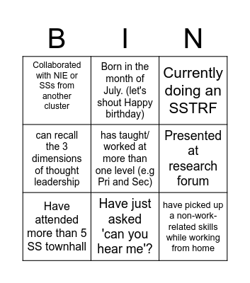 SS e-townhall BIngo Card