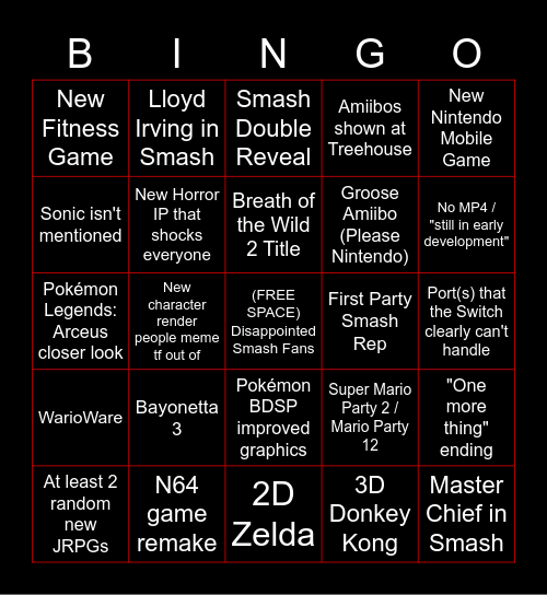 Smash E3 2021 Bingo Card