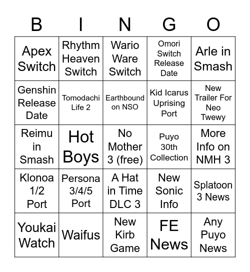 Drapon's Nintendo E3 2021 Bingo Card