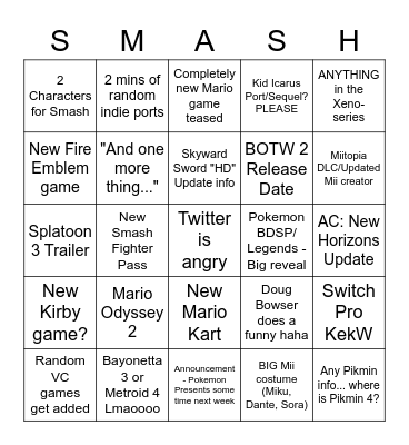 Nintendo Bingo Card