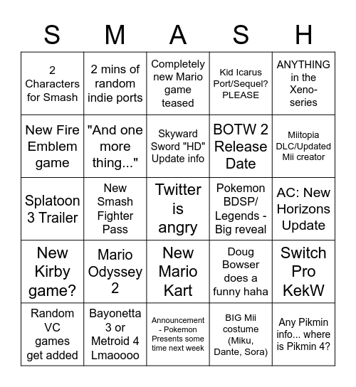 Nintendo Bingo Card