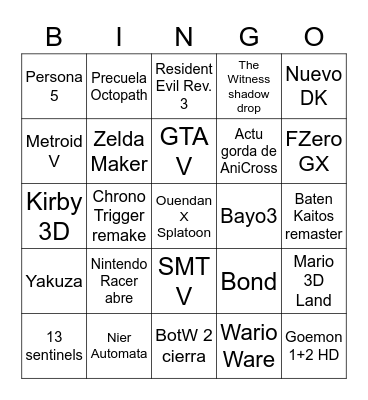 E3 Nintendo Bingo Card