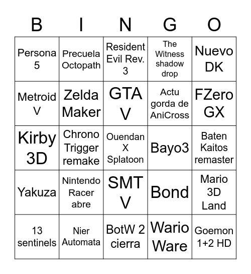 E3 Nintendo Bingo Card