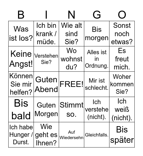 German  Bingo Card