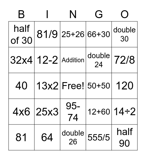 Marni's Maths Bingo Card