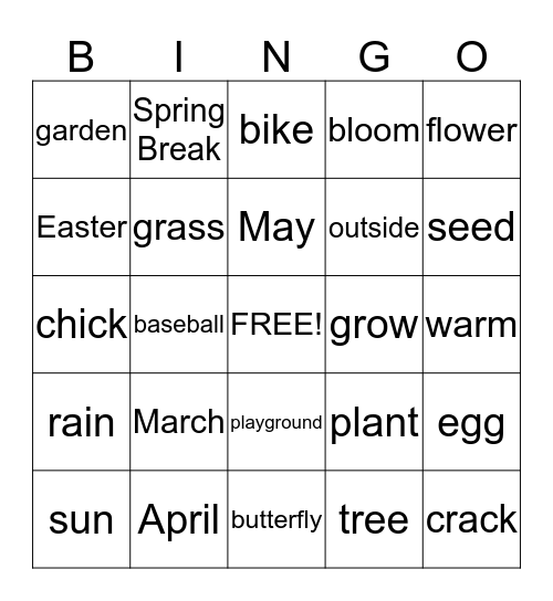 Spring Words Bingo Card