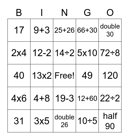 Marni's Maths Bingo Card