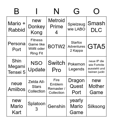 Wishlist Nintendo Bingo Card