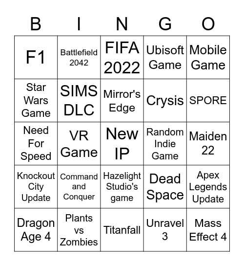 EA PLAY 2021 Bingo Card