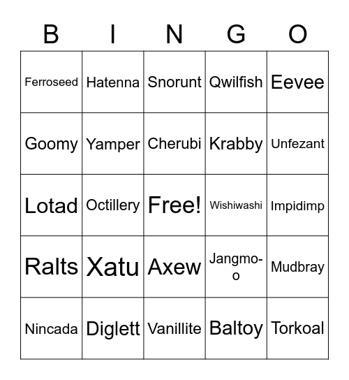 Pokemon Alphabet Challenge Bingo Card