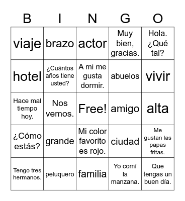 Spanish II Vocabulary Review Bingo Card