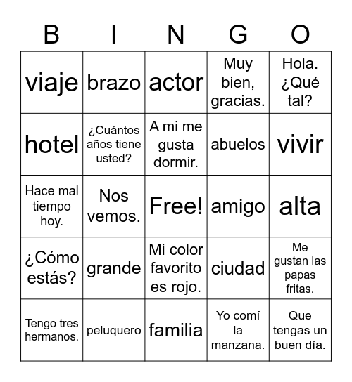 Spanish II Vocabulary Review Bingo Card