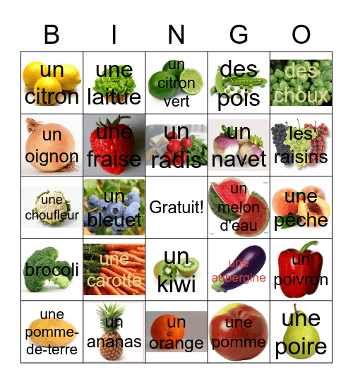 Les Fruits et Les Légumes Bingo Card