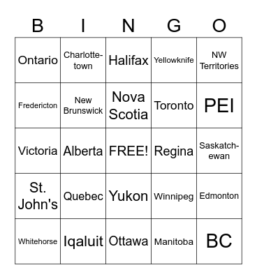 Canadian Geography Bingo Card