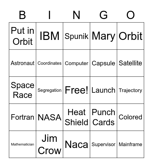 Hidden Figures Vocabulary Bingo Card