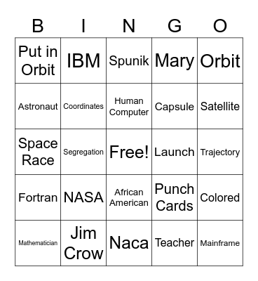 Hidden Figures Vocabulary Bingo Card