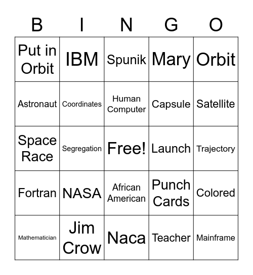 Hidden Figures Vocabulary Bingo Card