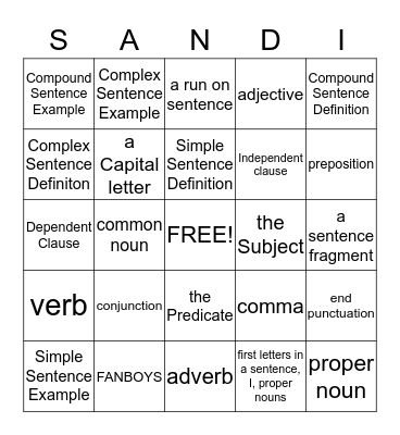 Sentence BINGO  Bingo Card