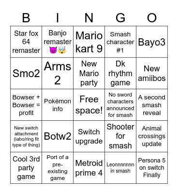 Nintendo e3 Bingo Card