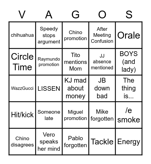 Vagos Meeting Bingo Card