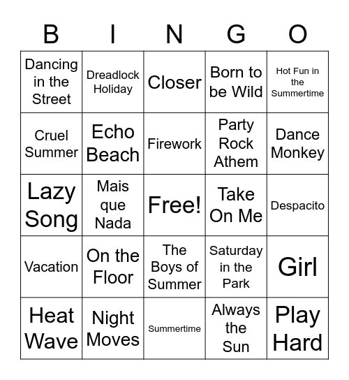 BINGO CDO - Les chansons d'été Bingo Card