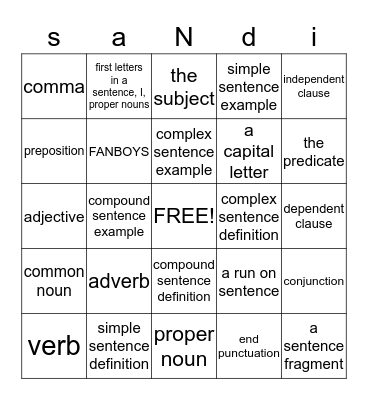 sentences Bingo Card