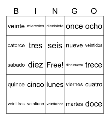 6th grade Numbers and Days Bingo Card