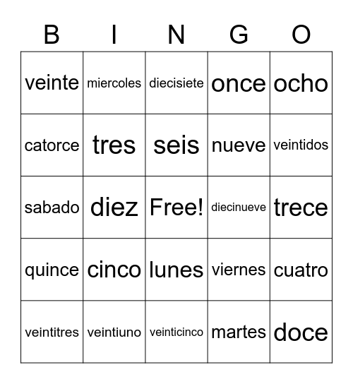 6th grade Numbers and Days Bingo Card