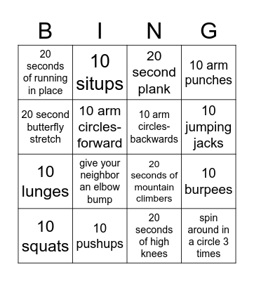 Fitness Bingo! Bingo Card