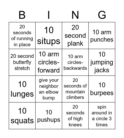 Fitness Bingo! Bingo Card