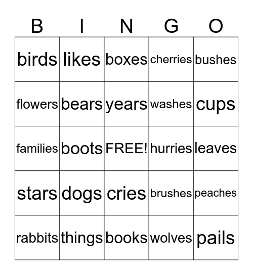 Plural Endings s, es, ies, & ves Bingo Card