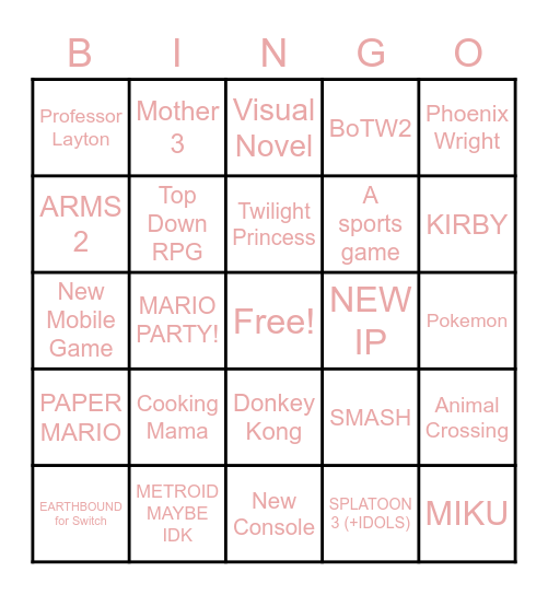 Nintendo Bingo Card