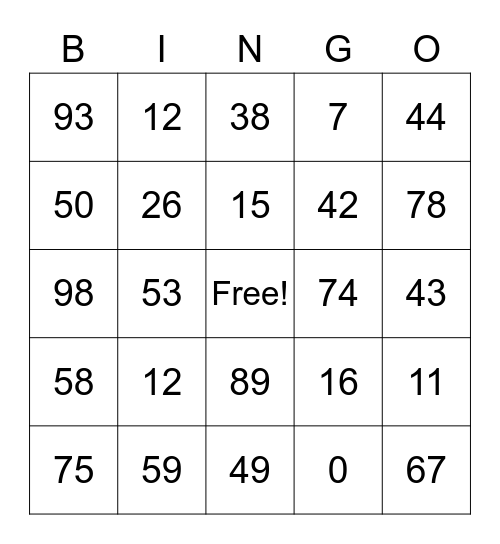 number 1-100 Bingo Card