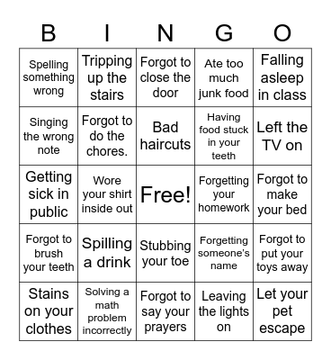 Mistakes for Kids Bingo Card