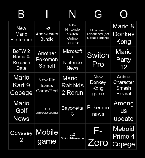 Nintendo Direct @ E3 2021 Bingo Card
