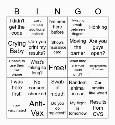 Covid Testing Patient Bingo Card