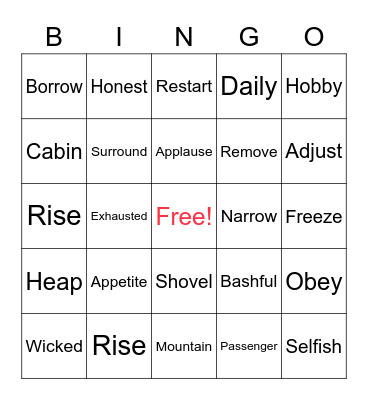 EOY Vocabulary Words Bingo Card