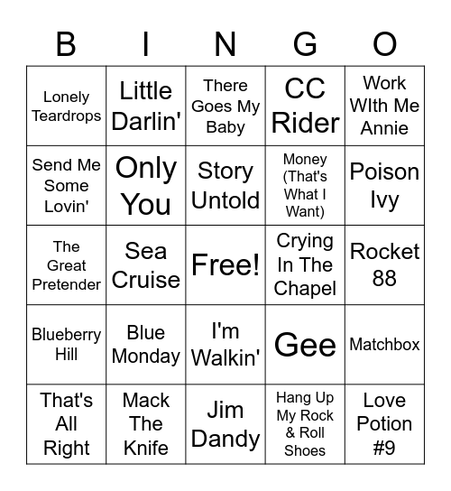 50's Whistle Bingo Card