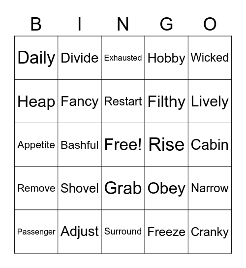 EOY Vocabulary BINGO Card