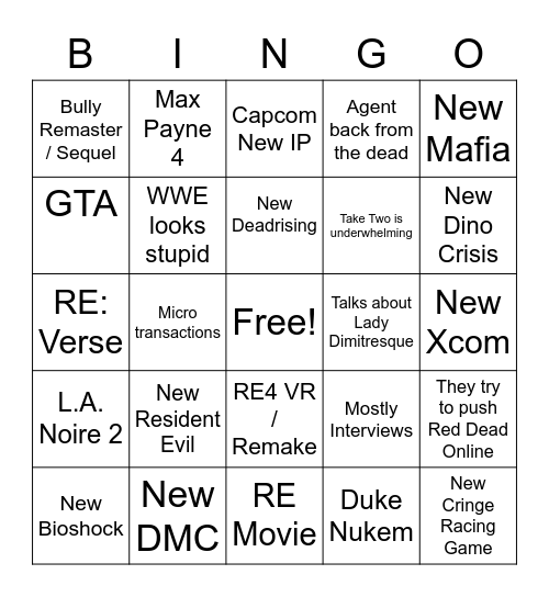 E3 Capcom and Take Two Bingo Card