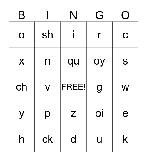 Phonogram Bingo Card