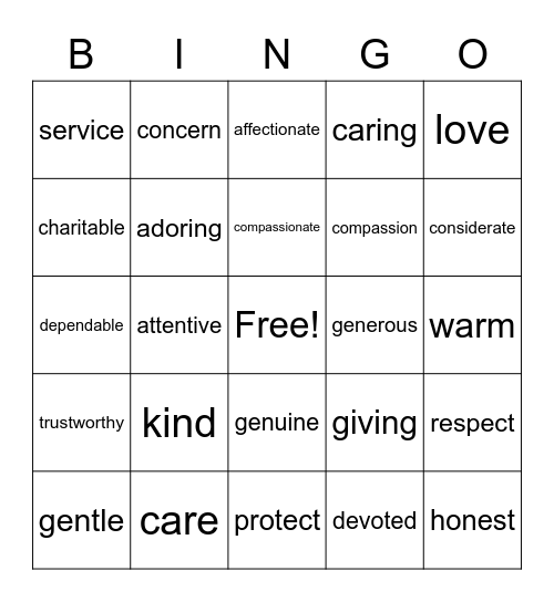 " I CARE " Bingo Card