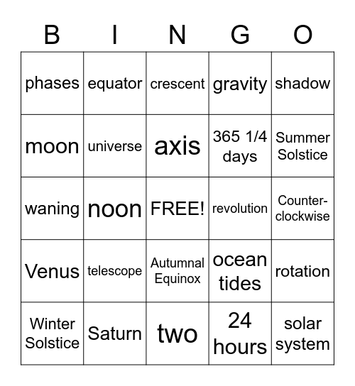 Dunn's Earth and Space Bingo Card