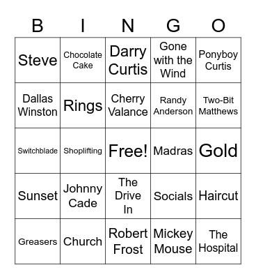 The Outsiders Bingo Card