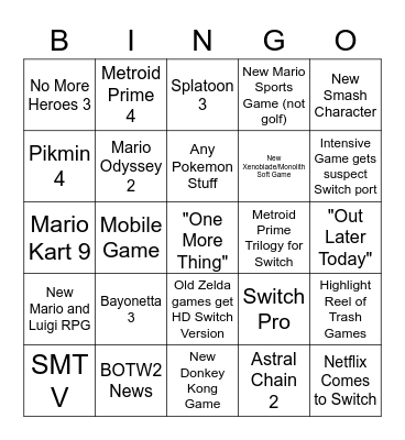 Nintendo E3 Direct Bingo Card